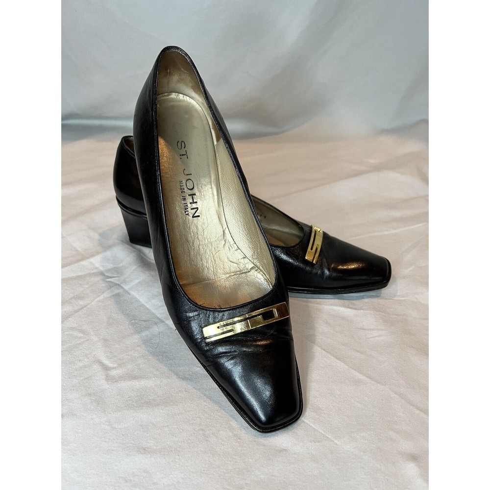 St John Black Pumps Heels Shoes Gold Hardware Square Toe 7.5